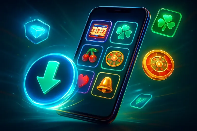 Glossy smartphone casino app banner with neon download icon and game tiles