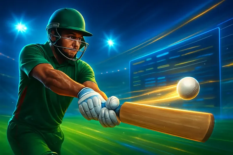 Cricket batter striking ball under stadium lights for sportsbook banner