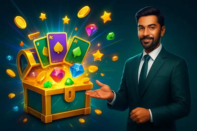 Glowing reward chest with cards, coins, gems, and stars bursting out