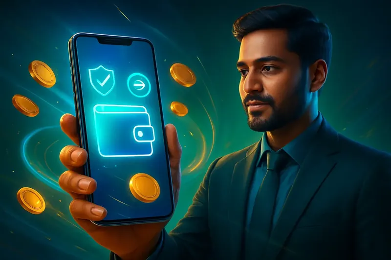 Hand holding smartphone with secure mobile wallet, coins, and speed effects