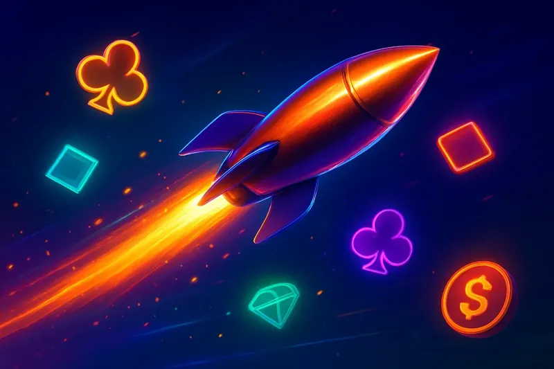 Glossy rocket launch casino banner with neon speed trails and game particles