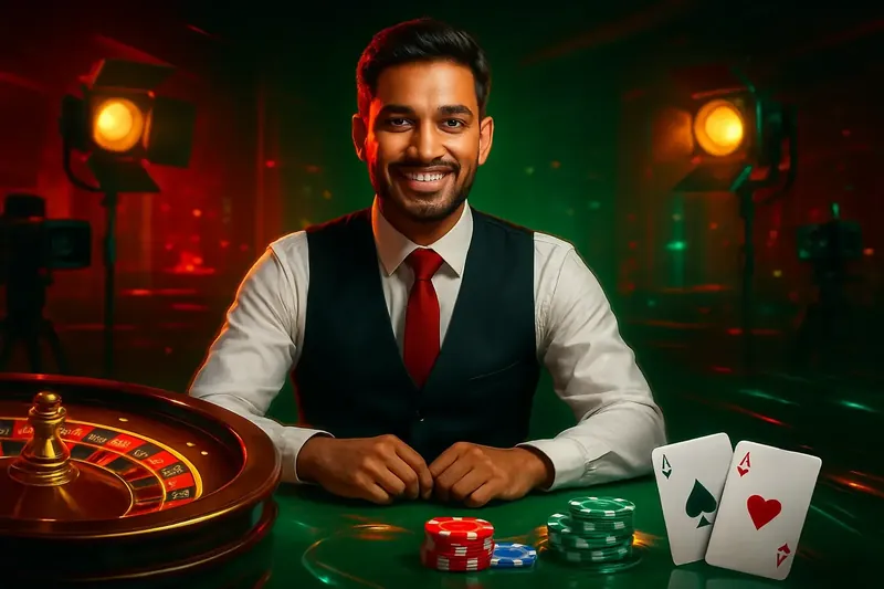 Friendly professional live dealer with roulette, cards, chips, and studio lights
