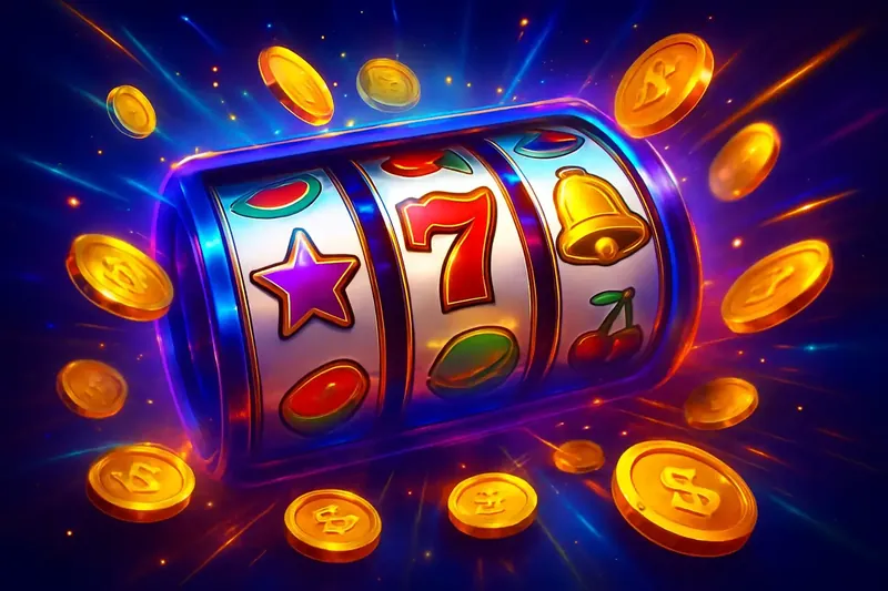 Colorful spinning slot machine reels with coins, glow, and neon sparkles